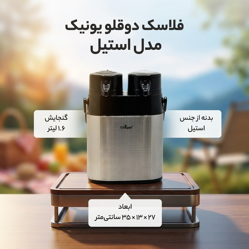 فلاسک دوقلو یونیک مدل استیل کد 9060 گنجایش 1.6 لیتر