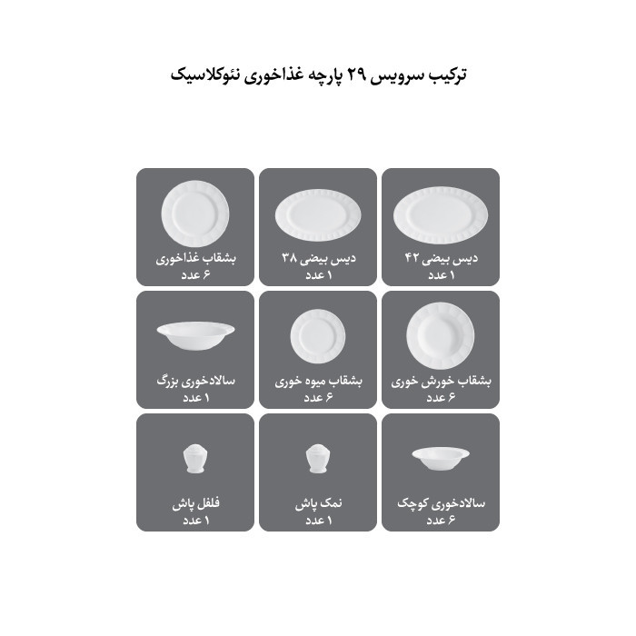 سرویس غذاخوری 29 پارچه چینی زرین ایران سری نئوکلاسیک مدل فرانسیس درجه عالی
