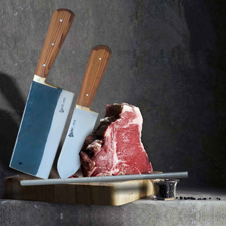 سرویس چاقو آشپزخانه 3 پارچه با تیغه فولادی و دسته چوبی الماس زنجان مدل قصابی کد g-01