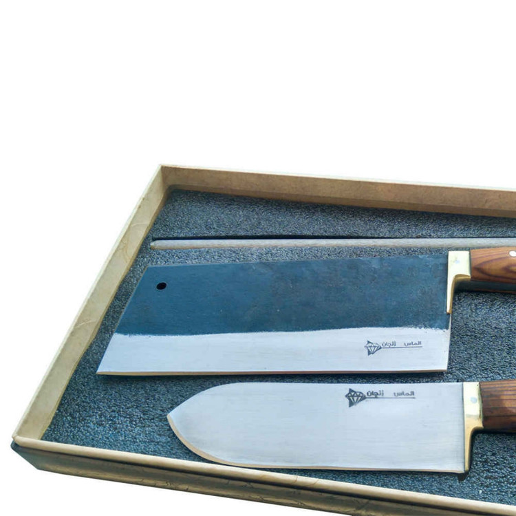 سرویس چاقو آشپزخانه 3 پارچه با تیغه فولادی و دسته چوبی الماس زنجان مدل قصابی کد g-01