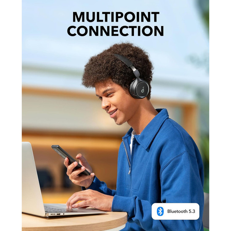 هدفون بلوتوثی انکر مدل Soundcore H30i بدون قابلیت نویز کنسلینگ، درگاه شارژ USB Type-C، دارای میکروفون داخلی با کیفیت بالا، مجهز به فناوری BassUp، مقاومت در برابر رطوبت و عرق