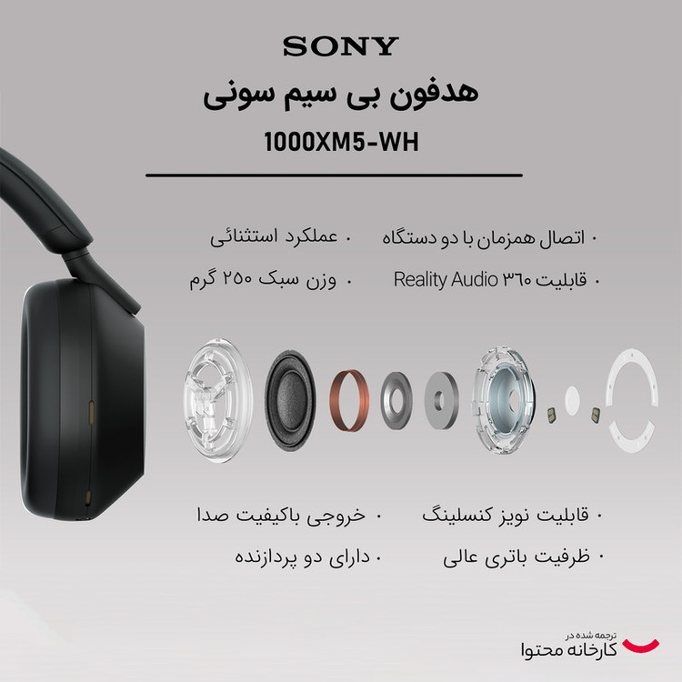 هدفون بیسیم سونی مدل WH-1000XM5 با نویز کنسلینگ فعال (ANC)، درگاه شارژ USB Type-C، دارای 4 میکروفون با فناوری Beamforming، پشتیبانی از دستیار صوتی، قابلیت اتصال همزمان به دو دستگاه