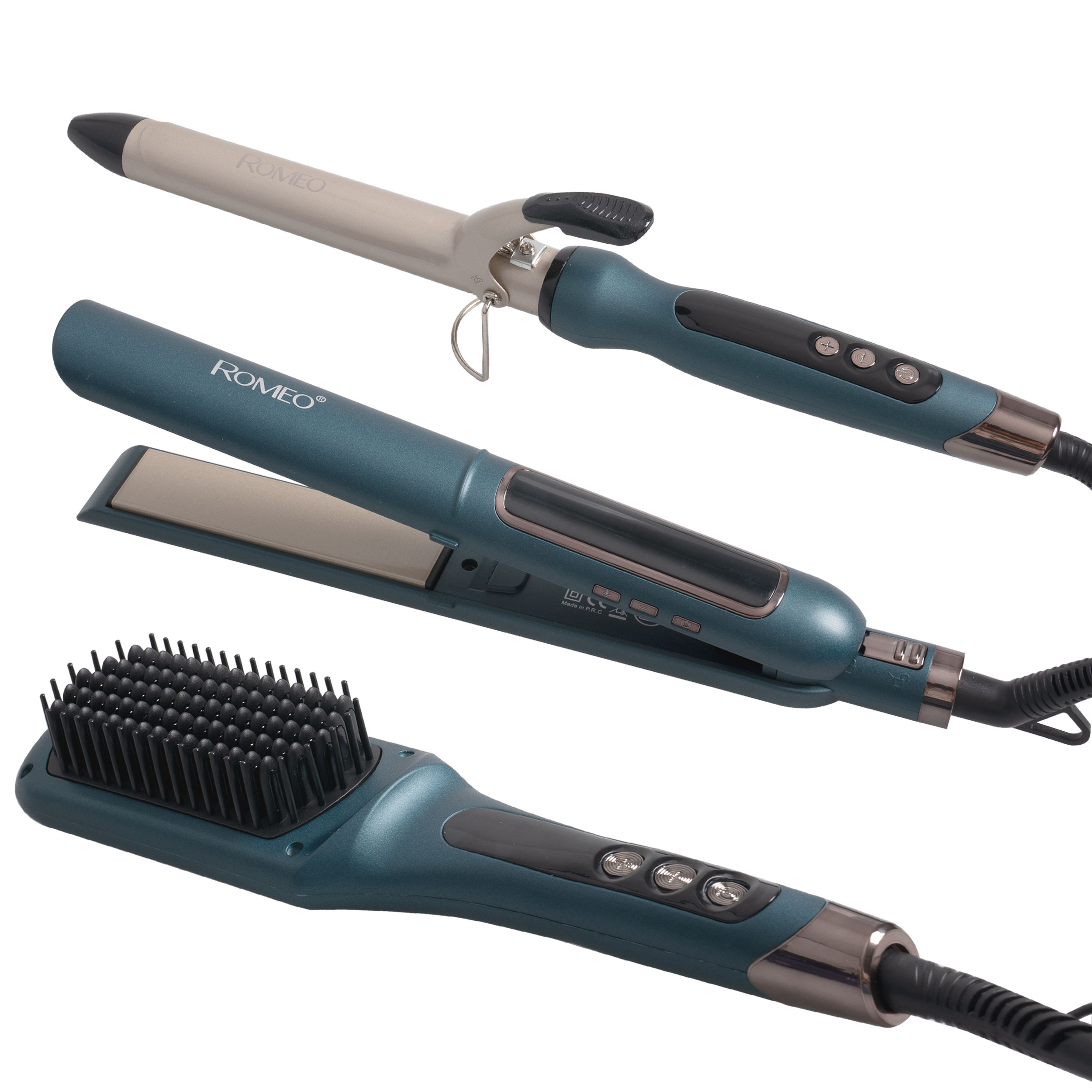 اتو مو حرفه ای رومئو مدل RM-5550 به همراه برس حرارتی و فر کننده مو مجموعه سه عددی