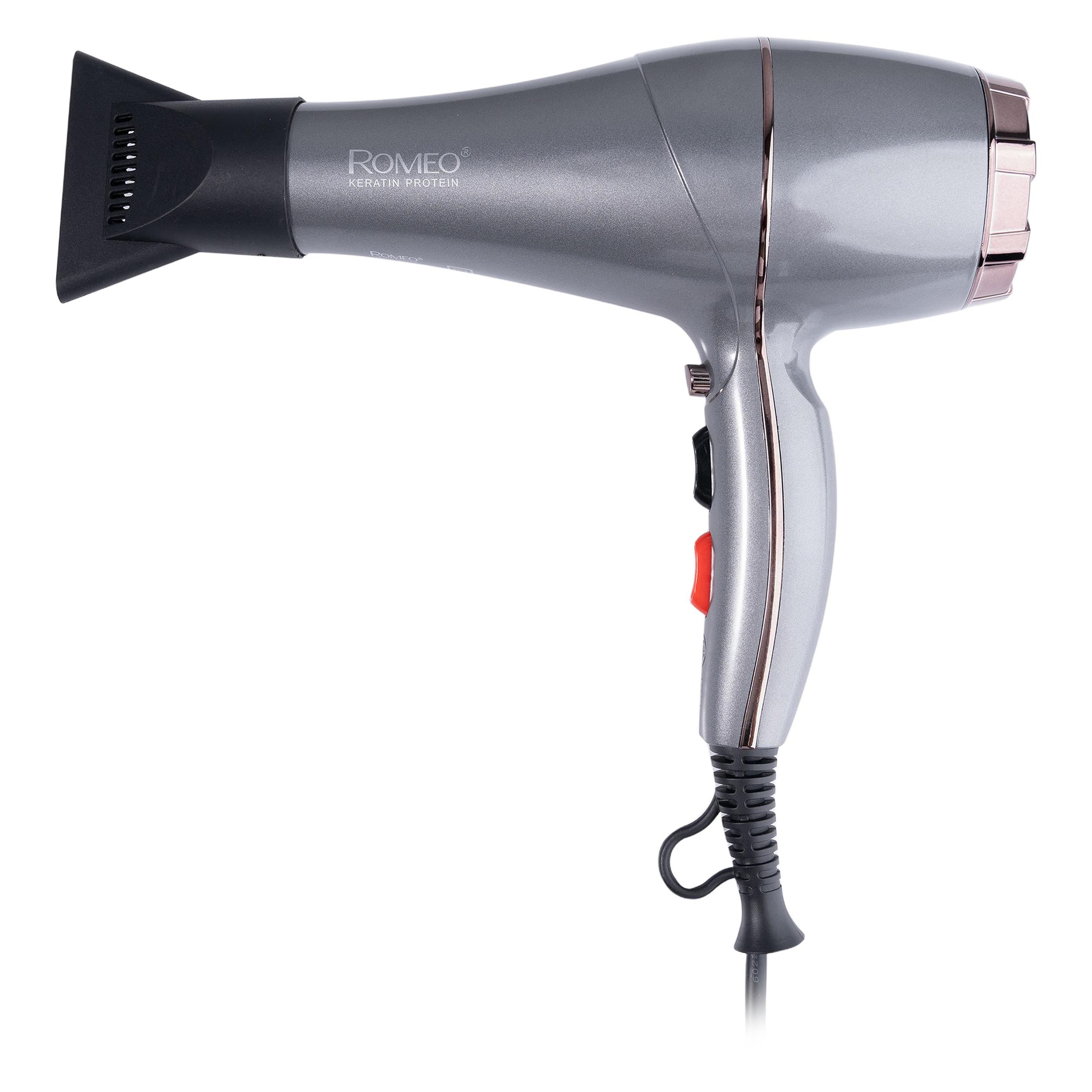 سشوار حرفه‌ای 2200 وات رومئو مدل RM-5858، موتور AC، وزن 450 گرم، المنت فلز، دارای سری متمرکز‌کننده باریک با ویژگی صاف‌کنندگی، حجم‌دهندگی، با قابلیت تنظیم دما، باد سرد